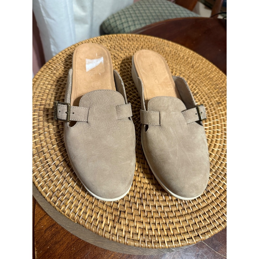 Vionic Women Taupe Leather Buckle Mule Slides Orthotic Comfort Shoes